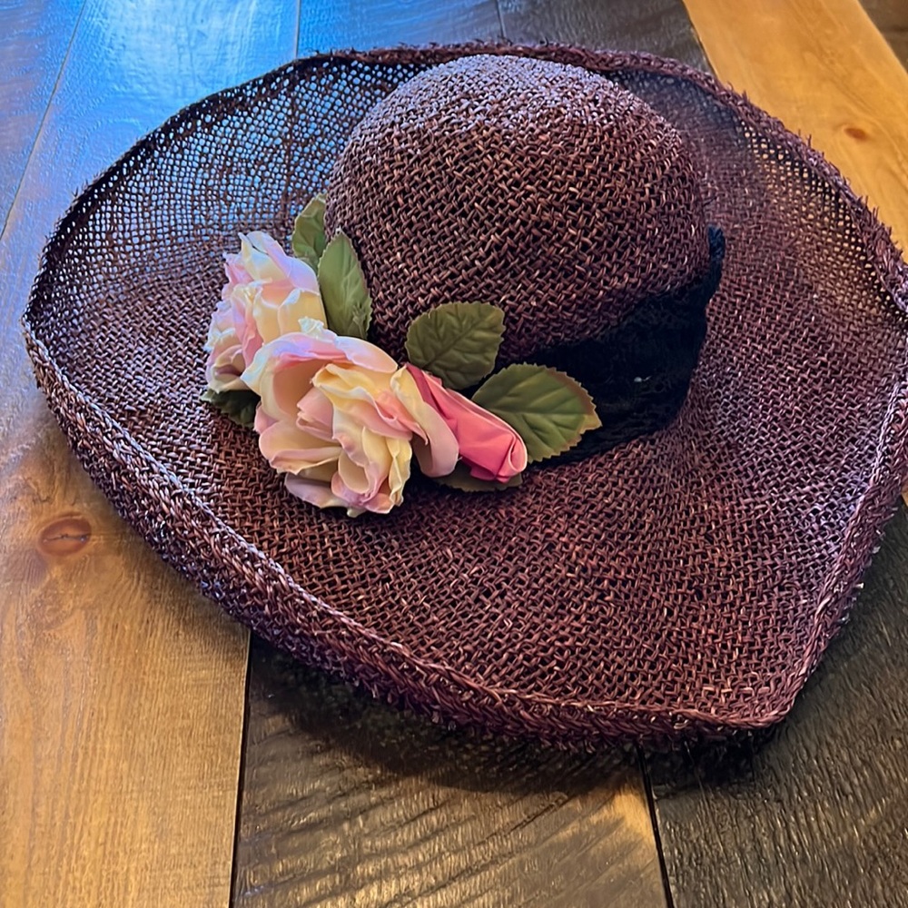 Vintage Purple Wide Brimmed Woven Hat w/Flowers